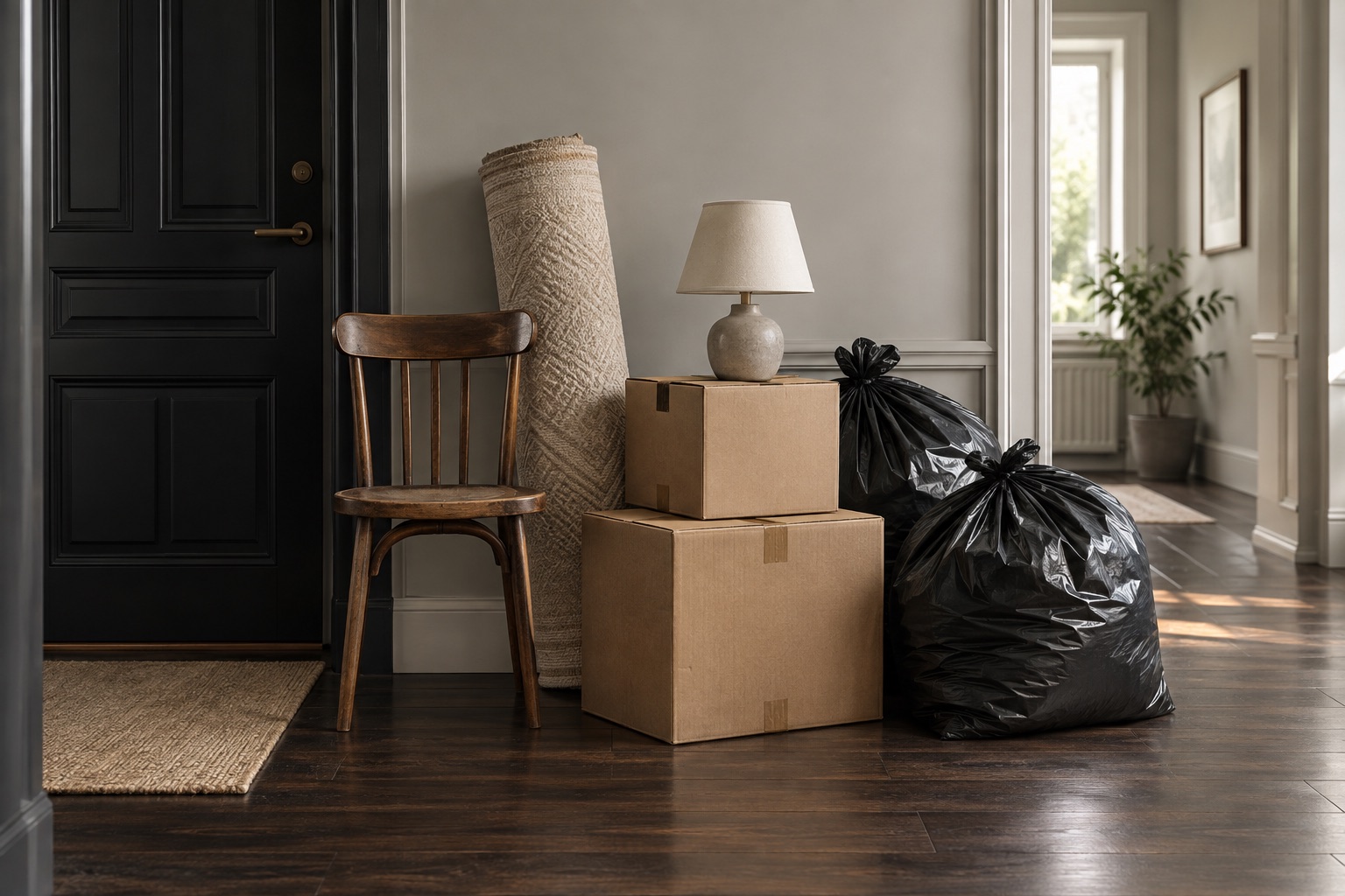 Boxes, a chair, a rolled rug and bags ready to be picked up